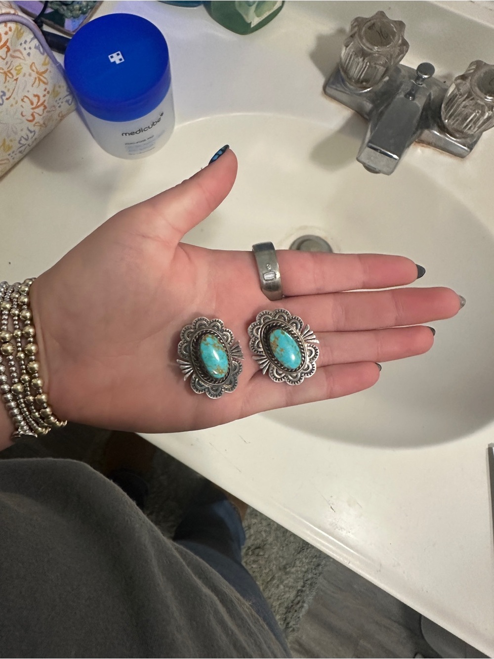 Vintage Turquoise Silver Floral Statement Earrings - B. Yazzie